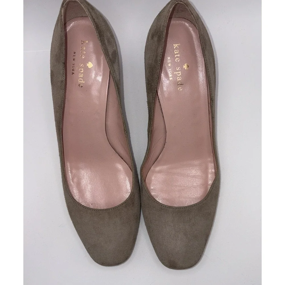 Kate Spade New York Taupe Suede Block Heel Square Toe Pumps Made in Italy 7.5 M
